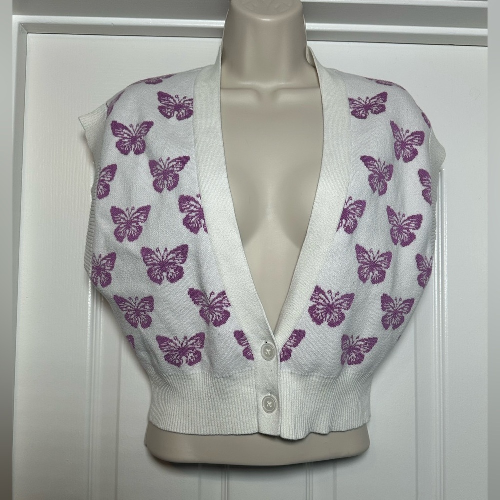 Social Scene White Y2K Butterfly Cotton Short Sleeve Cardigan Sweater Vest